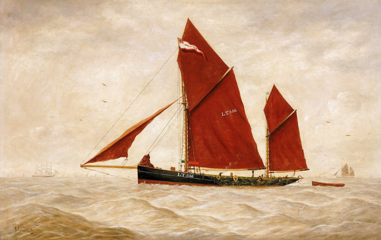 Un arrastrero pesquero de la compañía Lowestoft, con sus características velas rojas. Óleo sobre lienzo de George Vempley Burwood