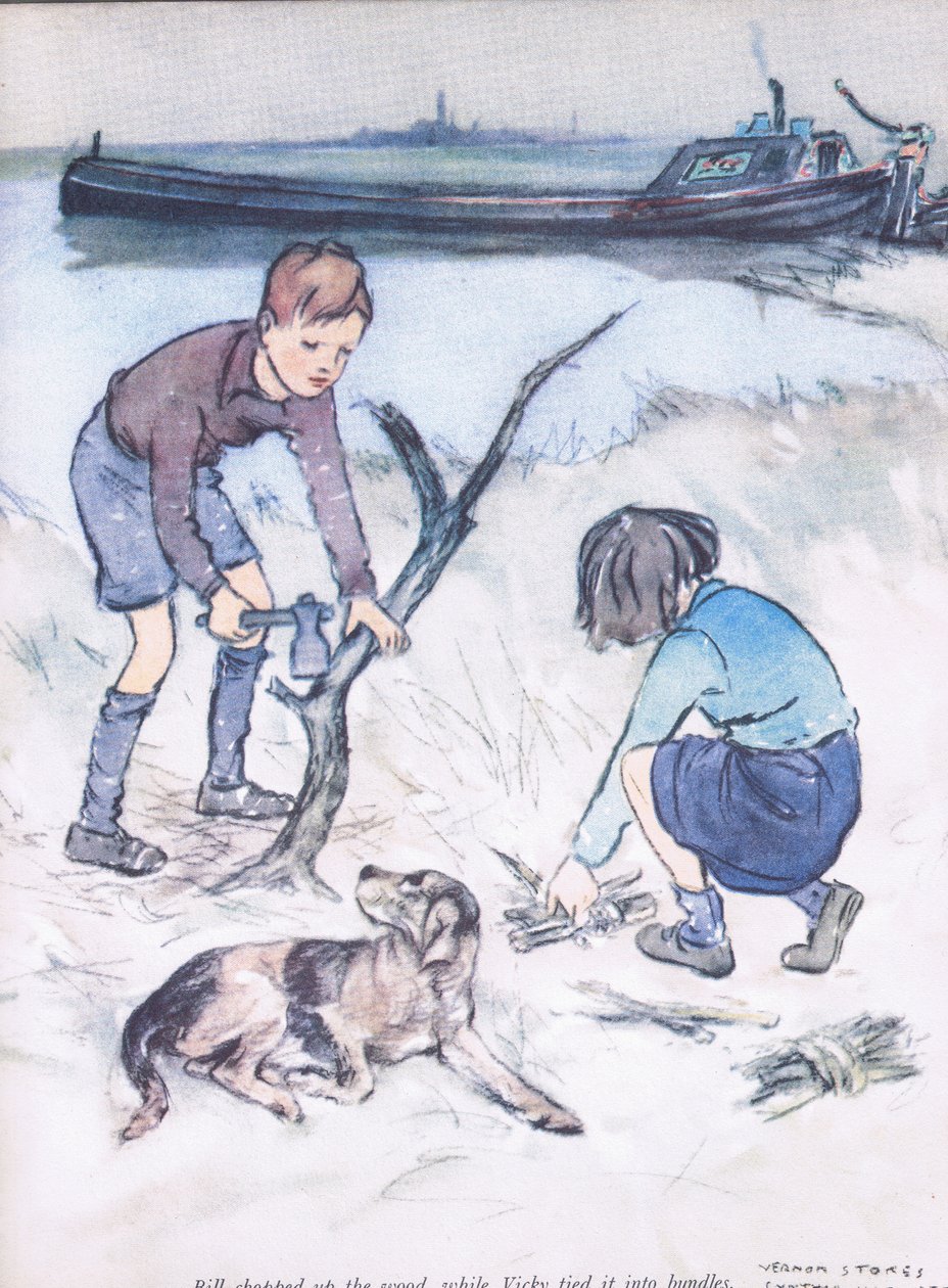 Bill cortaba la leña, mientrasVicky la ataba en haces, de Mudlarks publicado por Collins de George Vernon Stokes