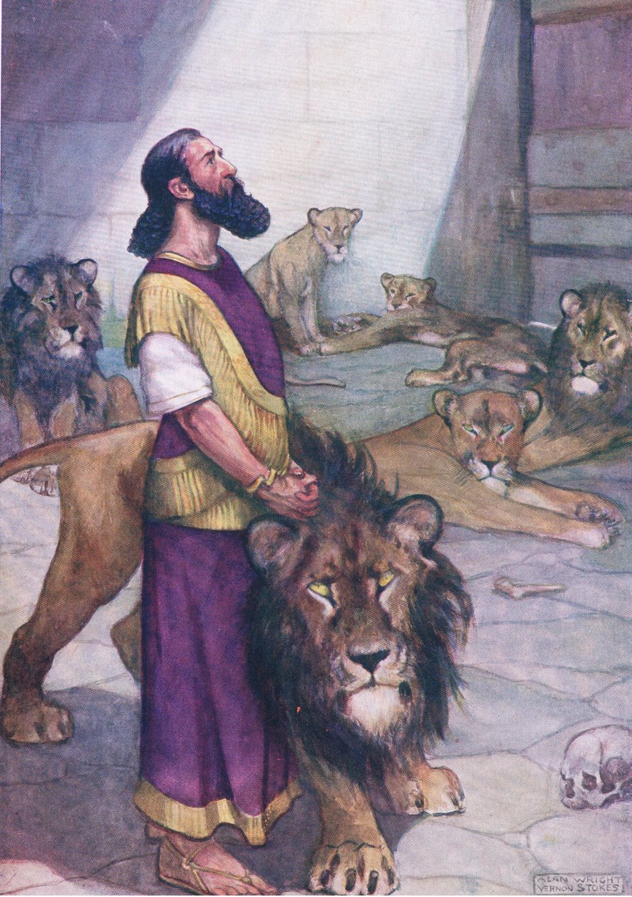 Daniel en el foso de los leones, de The Bible Picture Book publicado por Thomas Nelson, c.1950 (litografía) de George Vernon Stokes