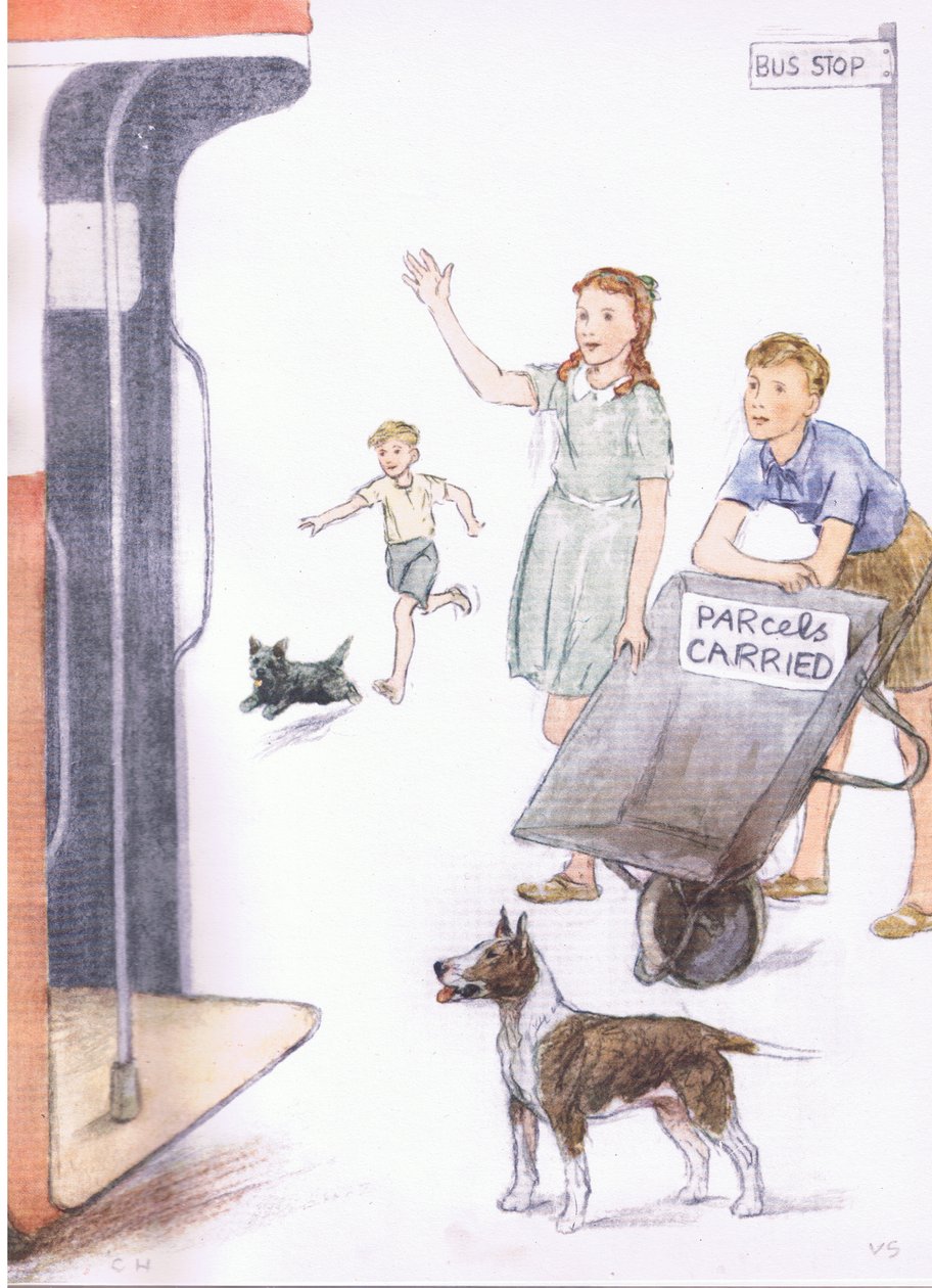 Cuando llegó el autobús, David estaba de pie con la carretilla inclinada, así lo indicaba el anuncio, de Pets Limited publicado por Collins de George Vernon Stokes