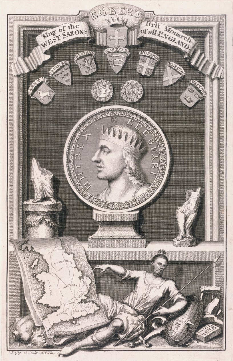 Egberto, Rey de los Sajones Occidentales, Primer Monarca de toda Inglaterra (grabado) de George Vertue