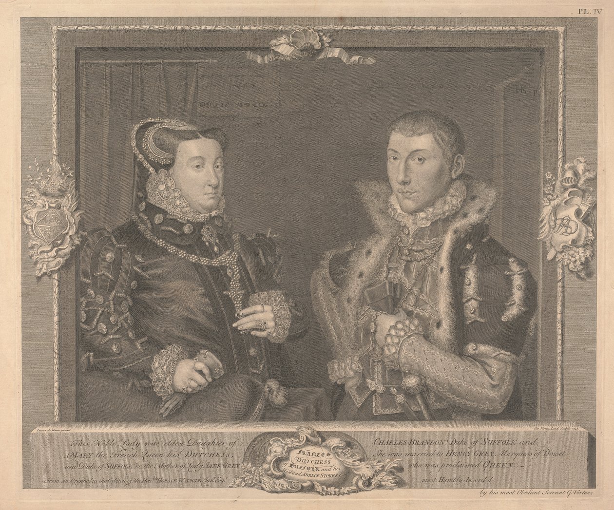 Frances Grey (de soltera Brandon), duquesa de Suffolk y su marido Adrian Strokes de George Vertue