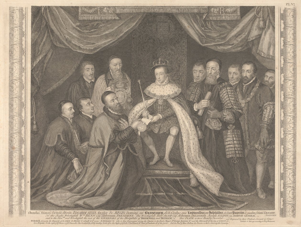 El rey Eduardo VI presenta la Carta de Bridewell a Sir George Barnes de George Vertue