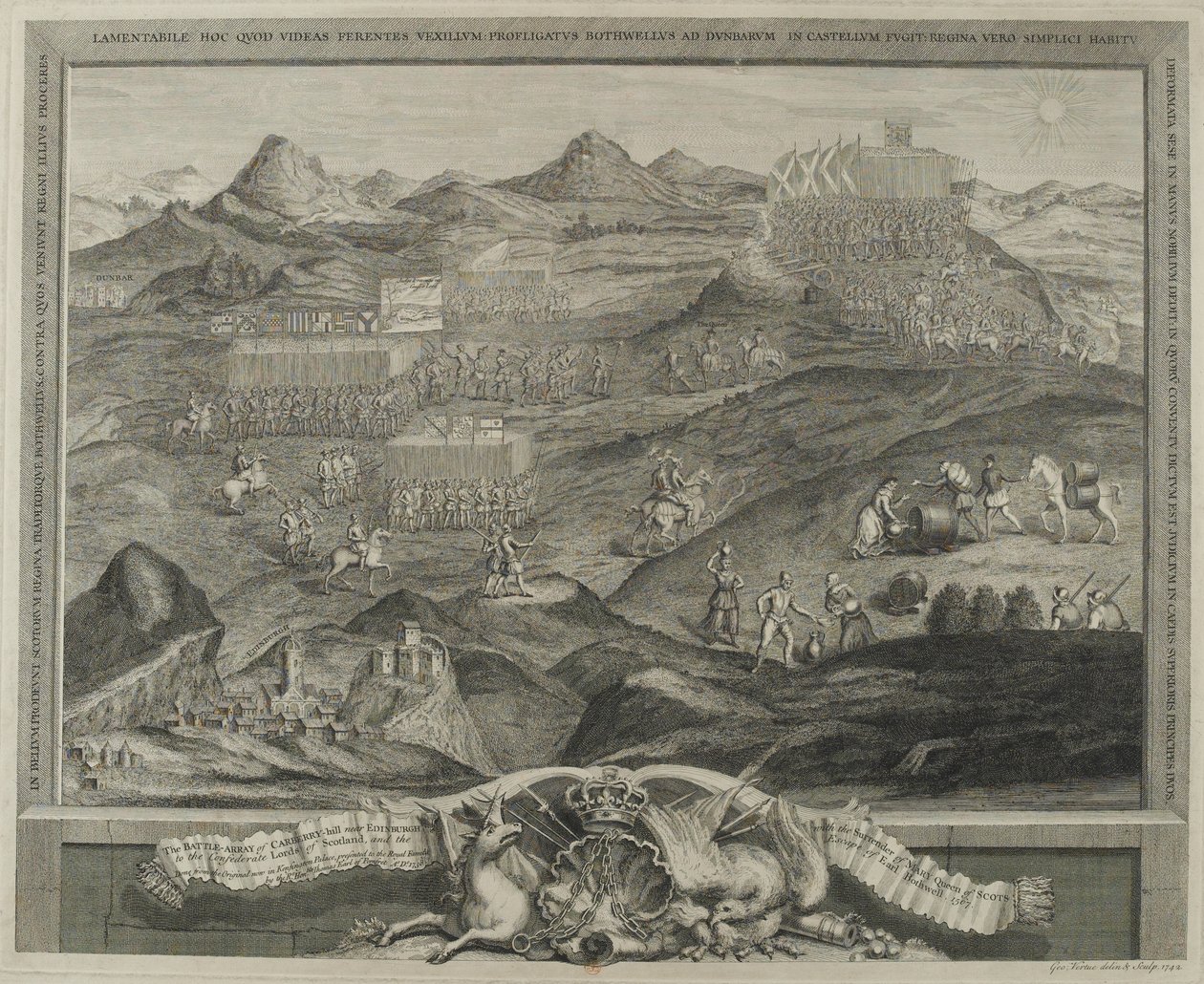 La formación de batalla de Carberry Hill cerca de Edimburgo en 1567, c.1738 de George Vertue