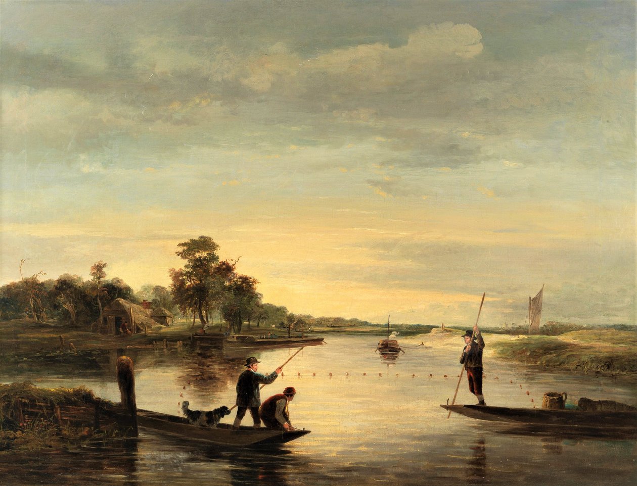 Una vista de los broads con hombres pescando desde bateas de George Vincent
