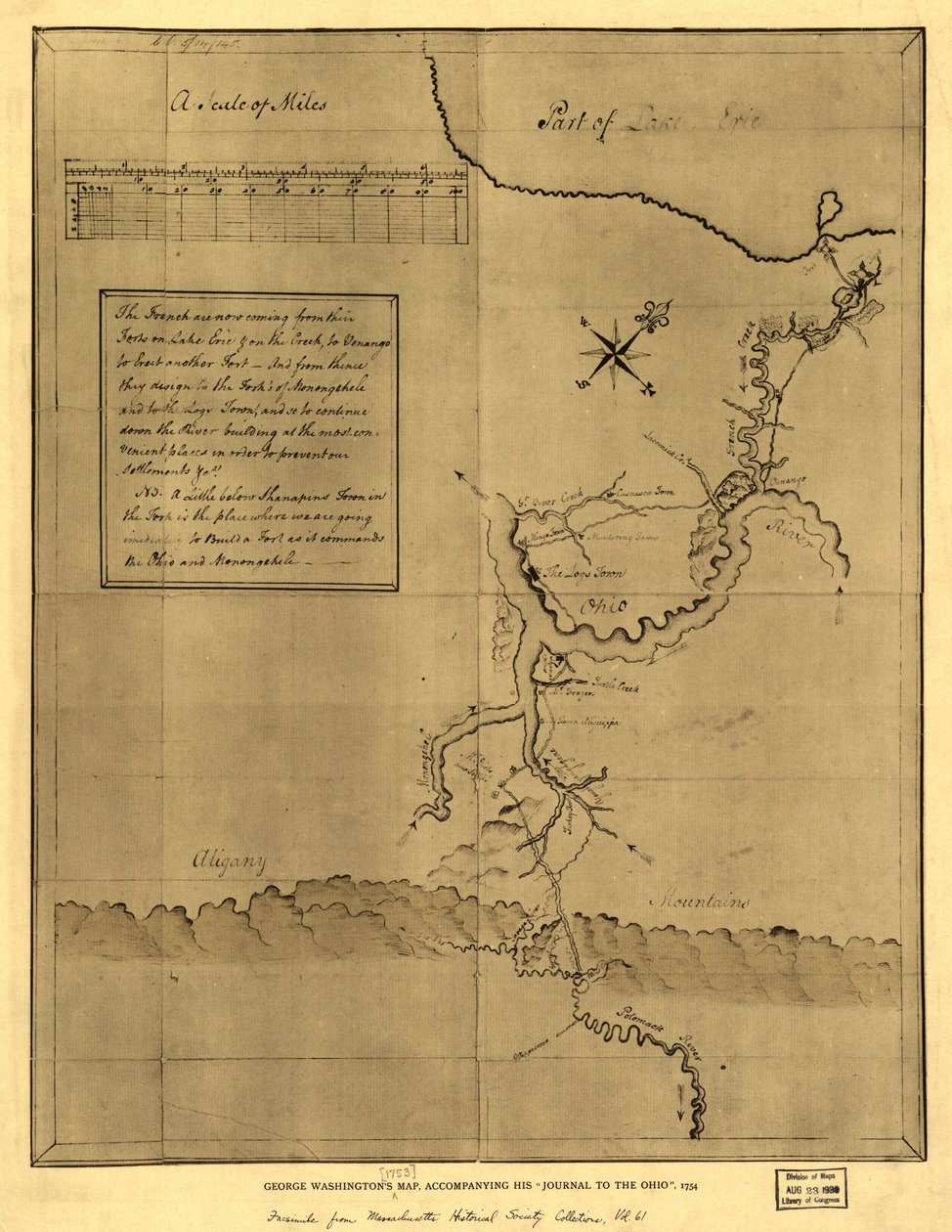 Mapa de George Washington, que acompaña su "diario al Ohio", 1754. LOC 99446116 de George Washington