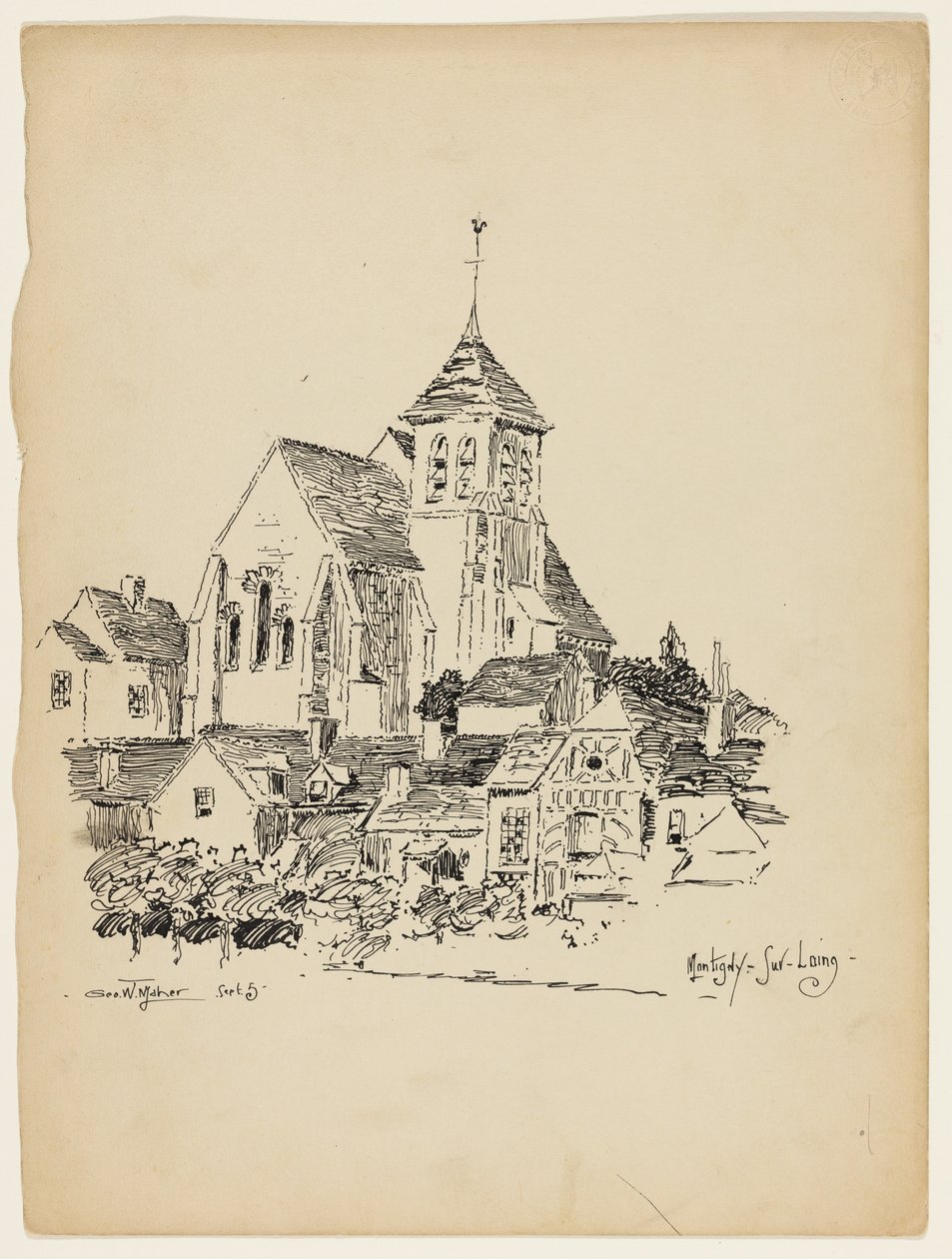 Iglesia en Montigny-Sur-Loing, Francia, Boceto de Viaje de George Washington Maher