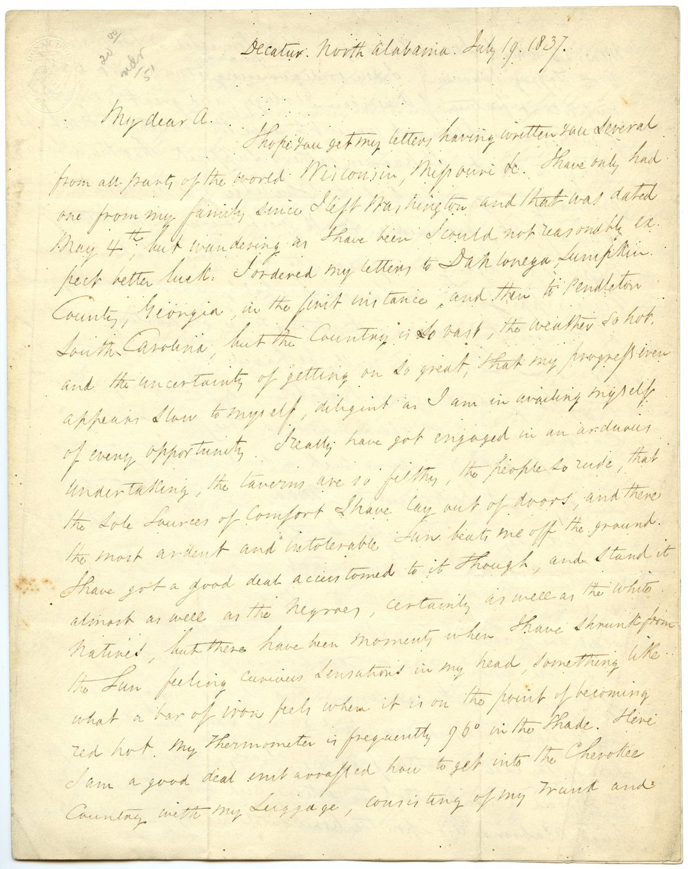 Carta incompleta [de G.W. Featherstonhaugh], Decatur, NC, a Col. Abert [John James Abert], 19 de julio de 1837 de George William Featherstonhaugh