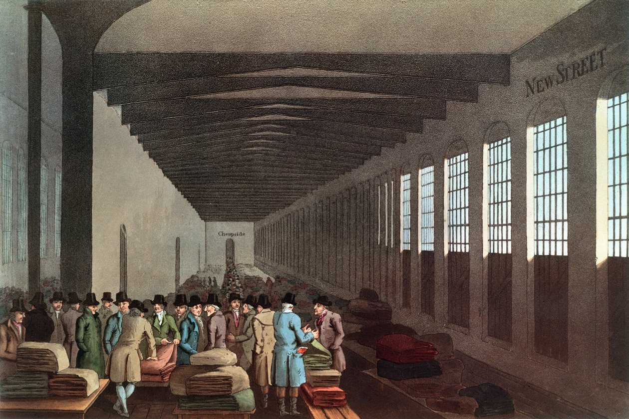 Cloth Hall, New Street, Londres, grabado por Robert Havell, pub. por Robinson & Son, Leeds, 1814 de George after Walker