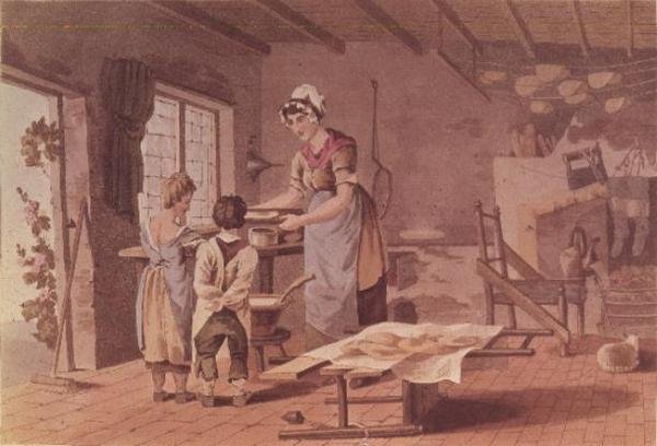 Haciendo tortas de avena, grabado por los Hermanos Havell, pub. 1813 por Robinson y Son de George after Walker