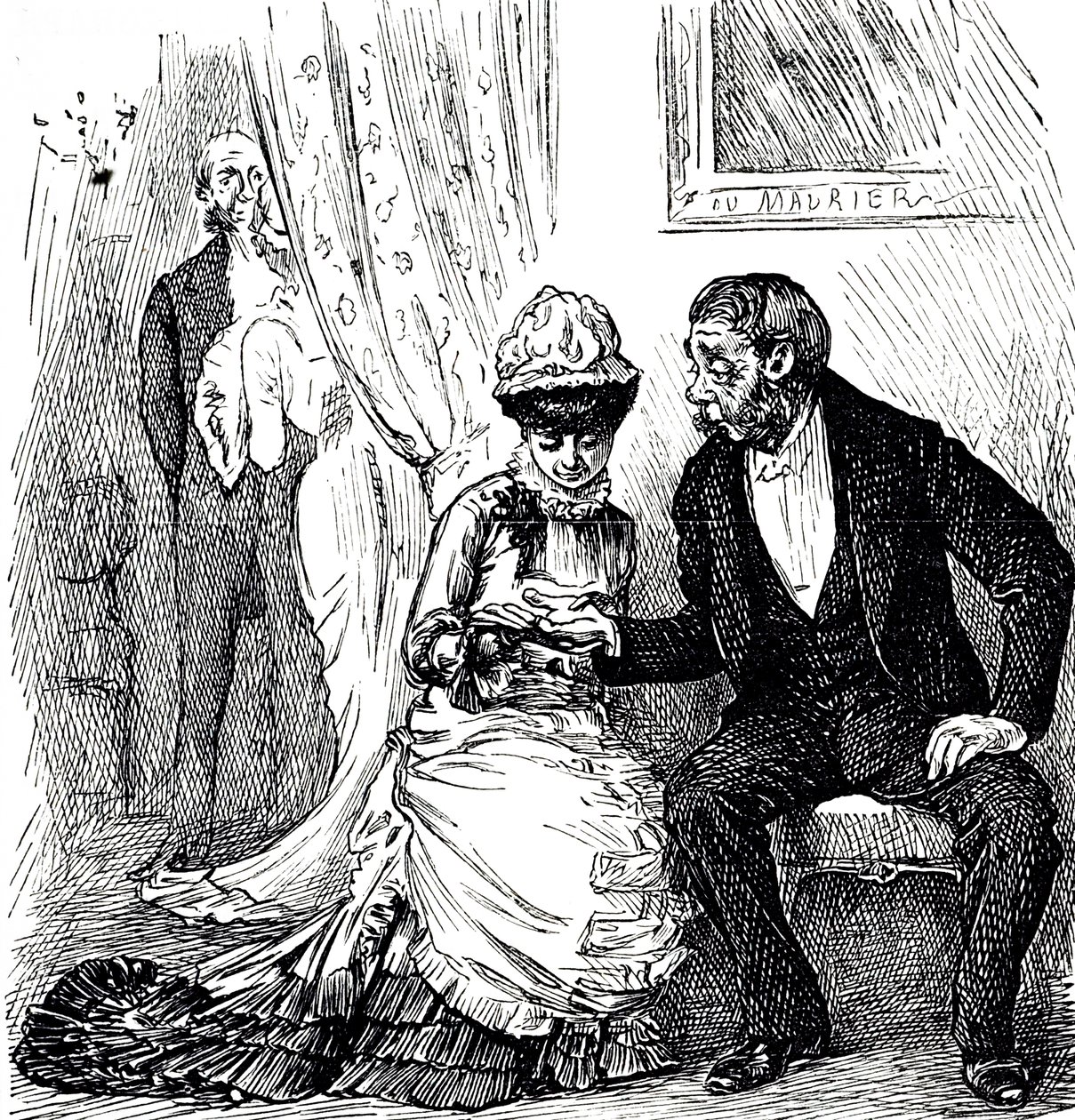 Caricatura comentando sobre la popularidad de la quiromancia entre los ricos de George du Maurier