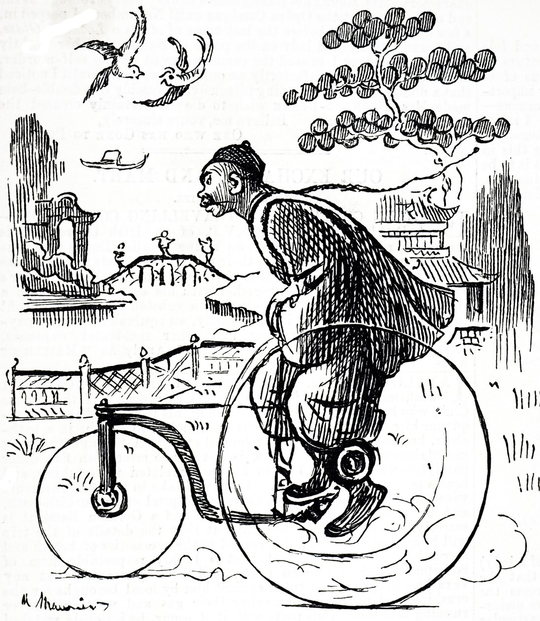 Caricatura de un hombre chino montando un triciclo en un parque en China de George du Maurier