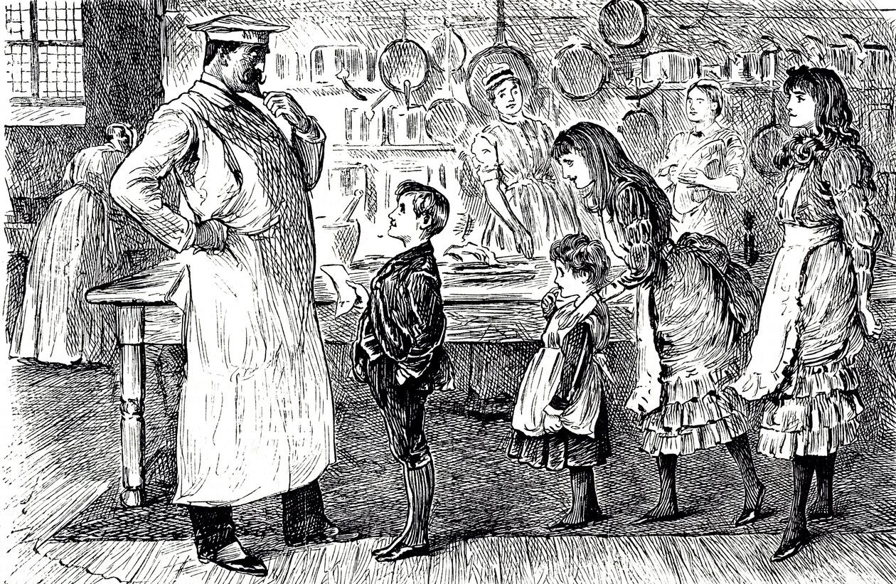 Un dibujo que muestra a un chef tomando órdenes de los niños de la casa de George du Maurier