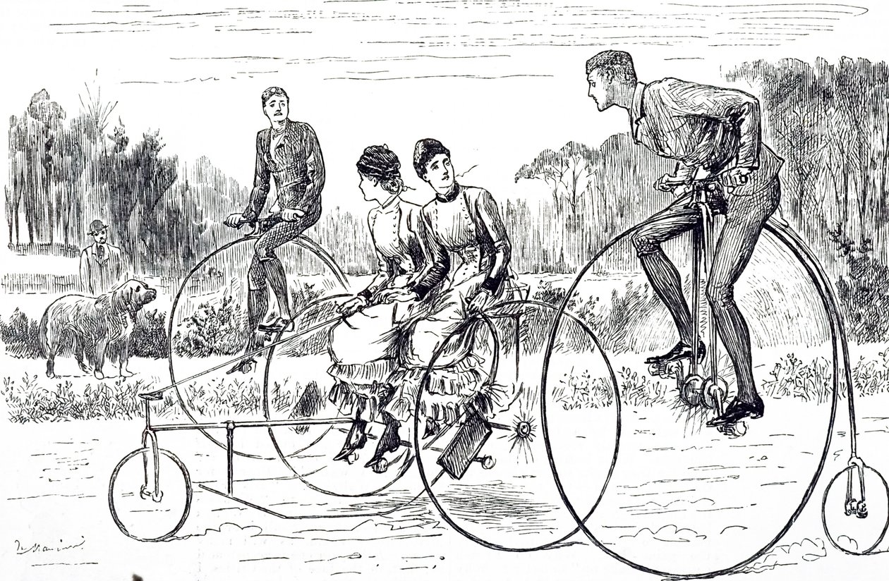 Caricatura que representa a un grupo de jóvenes montando triciclos de George du Maurier