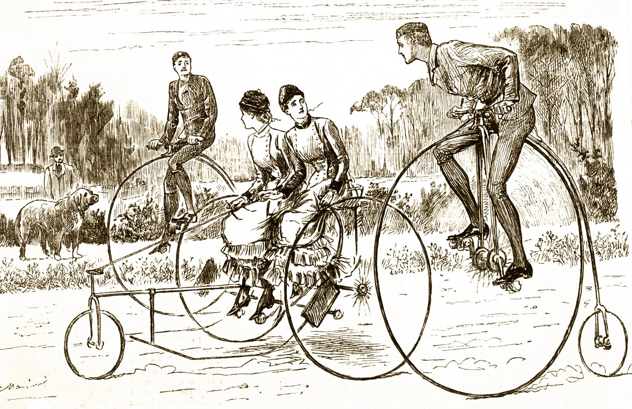 Caricatura de un grupo de jóvenes montando triciclos de George du Maurier