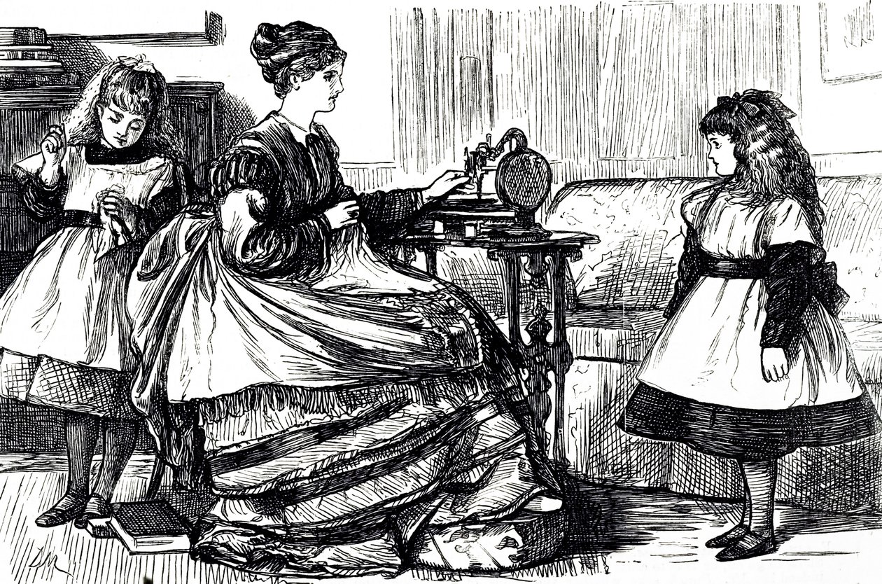 Una caricatura que representa a una joven madre usando una máquina de coser. Ilustrado por George du Maurier (1834-1896) un caricaturista y autor franco-británico de George du Maurier