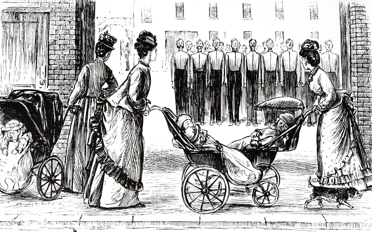 Un grabado que representa a niñeras empujando niños en cochecitos. Ilustrado por George du Maurier (1834-1896) un caricaturista y autor franco-británico de George du Maurier