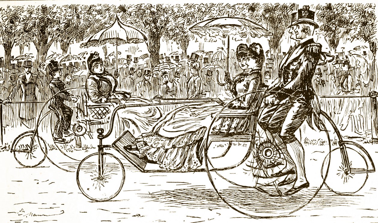 Un grabado que representa a pasajeros viajando en carruajes de bicicleta. Ilustrado por George du Maurier (1834-1896) un caricaturista y autor franco-británico de George du Maurier