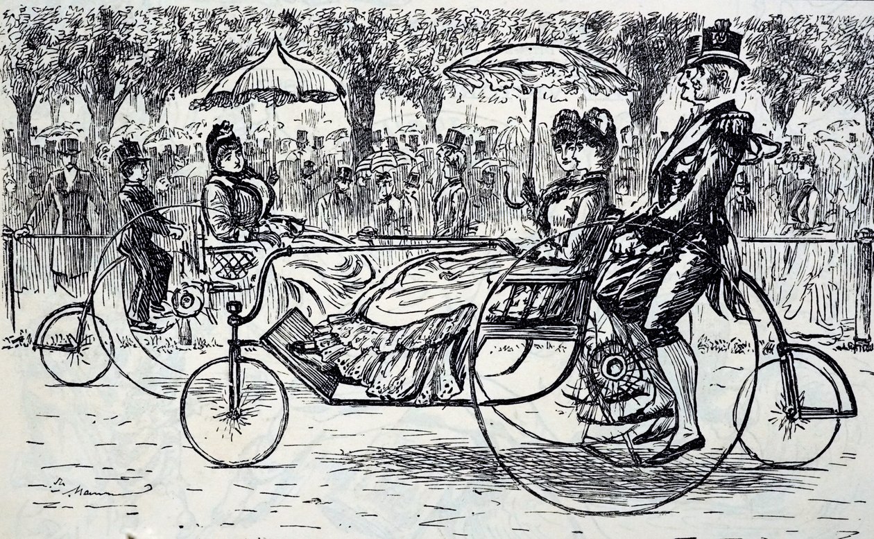 Grabado que representa a pasajeros montando en carruajes de bicicleta de George du Maurier
