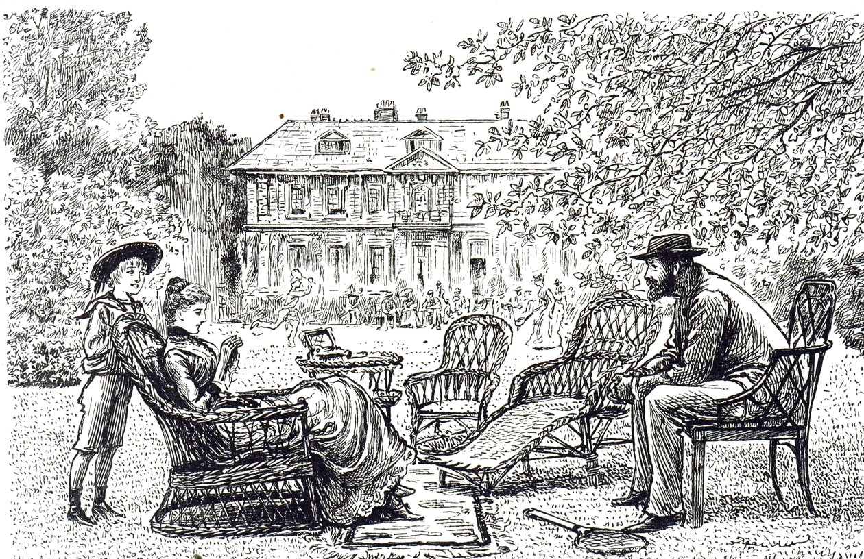 Un grabado que representa muebles típicos de mimbre. Ilustrado por George du Maurier de George du Maurier