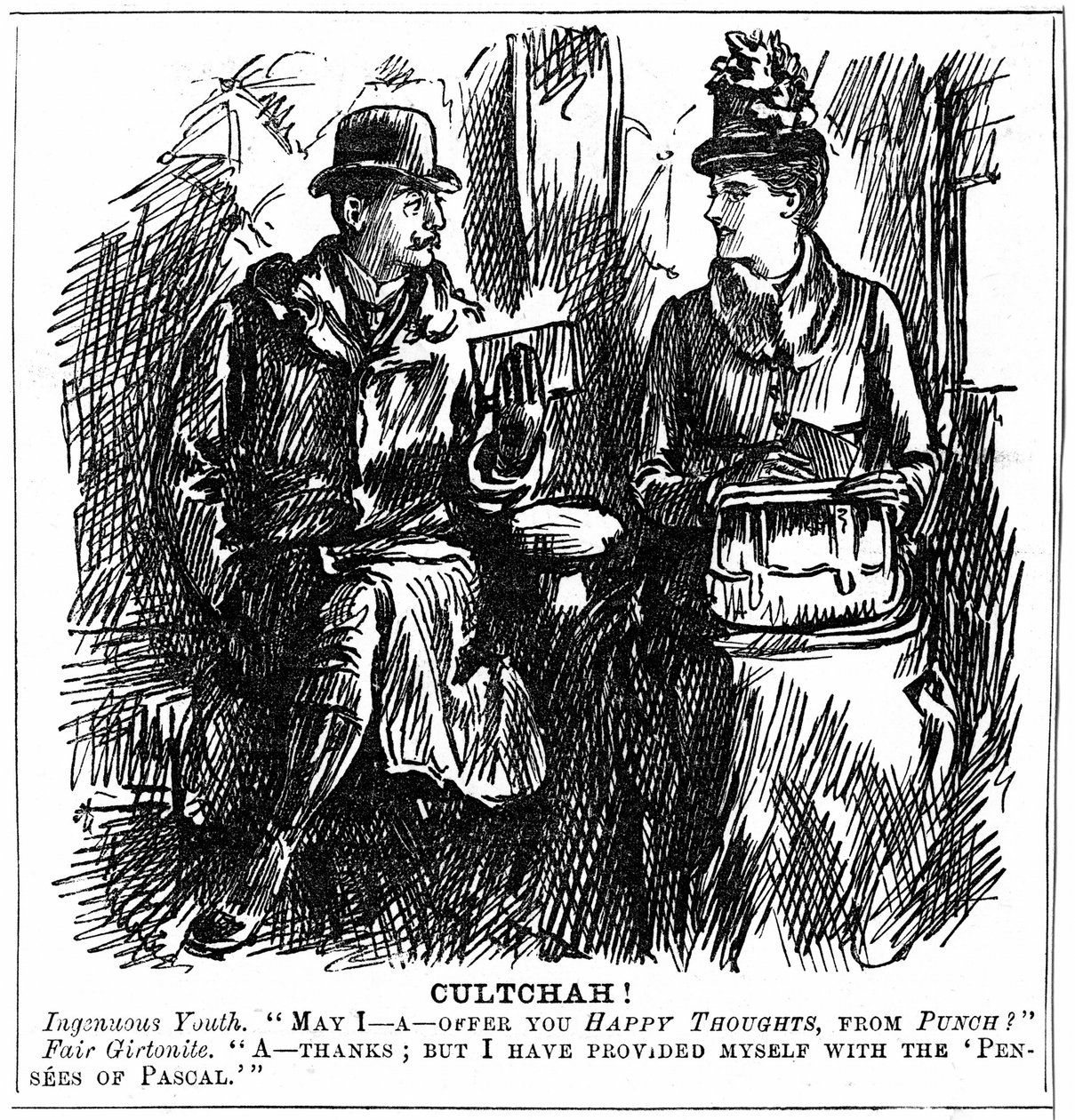 Beneficios de la educación universitaria para mujeres. Caricatura de George du Maurier para Punch, Londres, 8 de diciembre de 1887. Un joven en el vagón del tren ofrece a una graduada de Girton, Cambridge, algo de lectura ligera para el viaje. Ella declina de George du Maurier