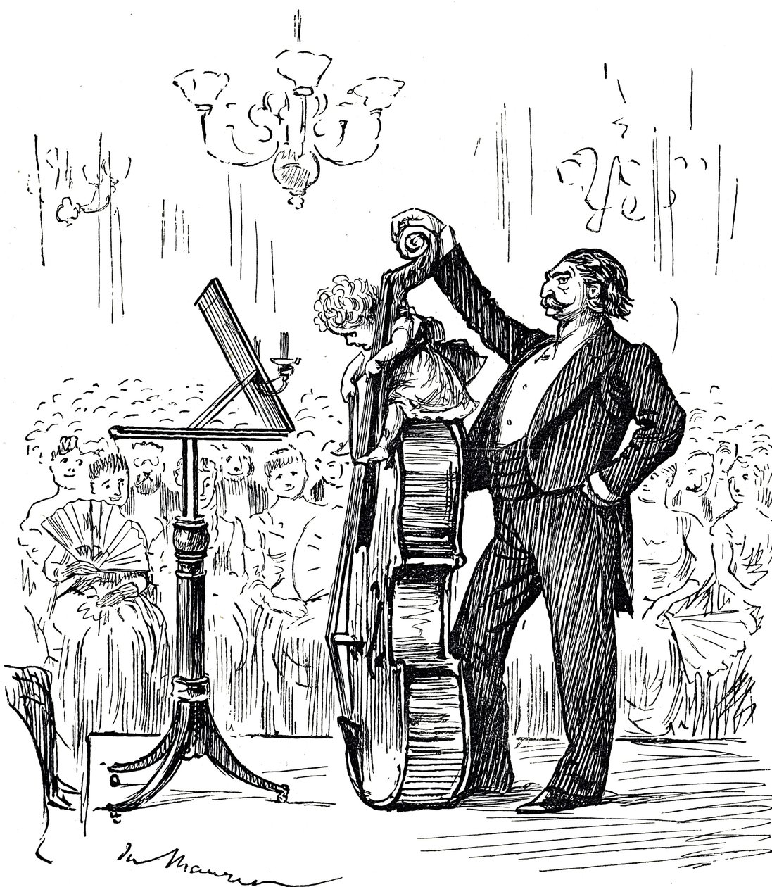 Caricatura comentando sobre prodigios musicales que parecían ser cada vez más jóvenes de George du Maurier