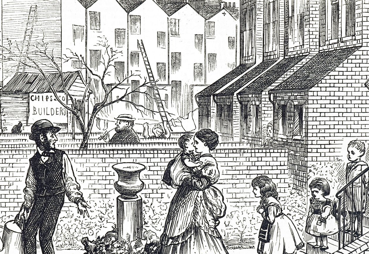 Caricatura comentando sobre la rápida expansión urbana y la construcción apresurada de George du Maurier