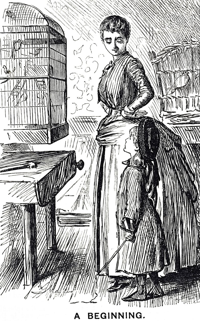 Dibujo comentando sobre la popularidad de los pájaros enjaulados en Gran Bretaña de George du Maurier