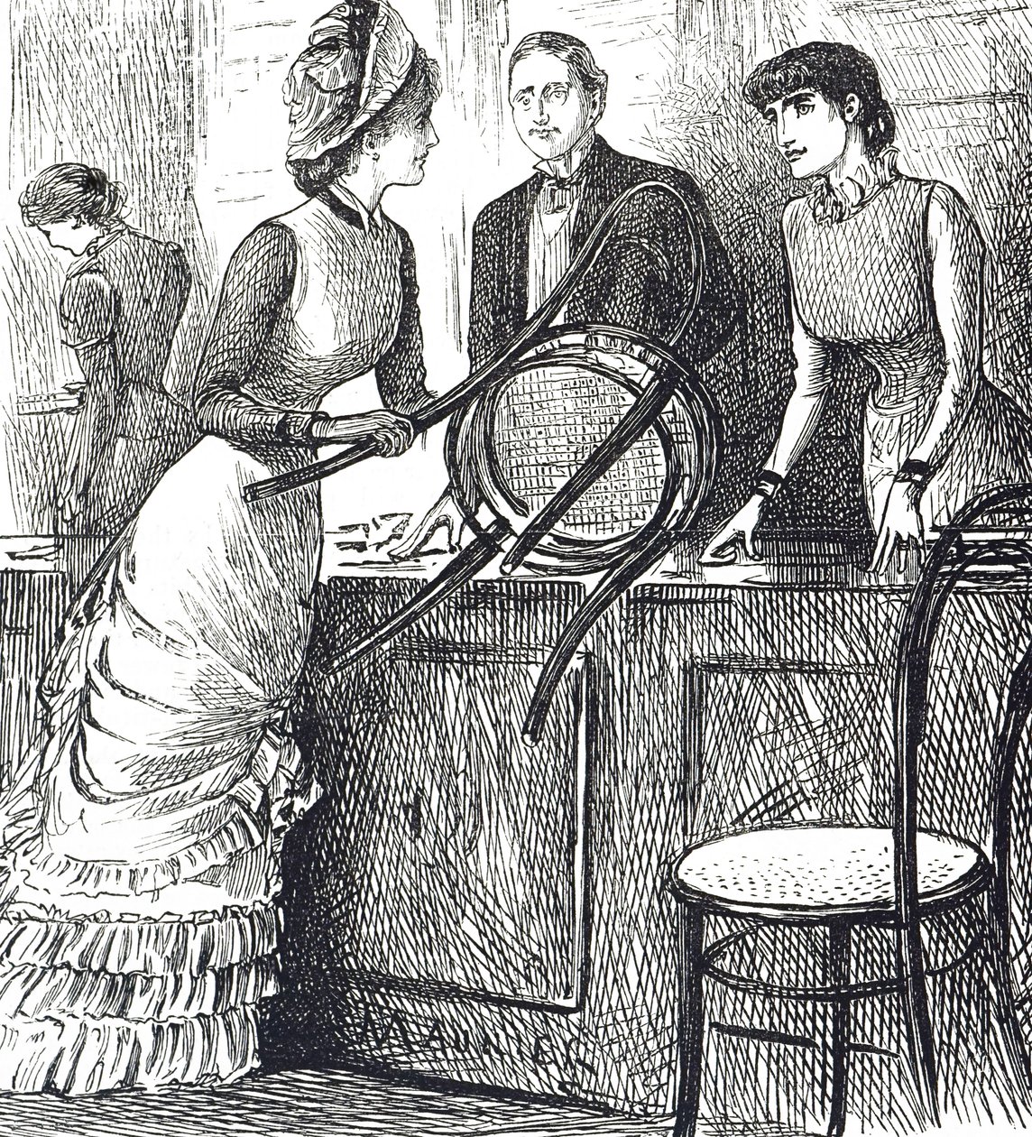 Caricatura comentando sobre las condiciones laborales de los asistentes de tienda de George du Maurier