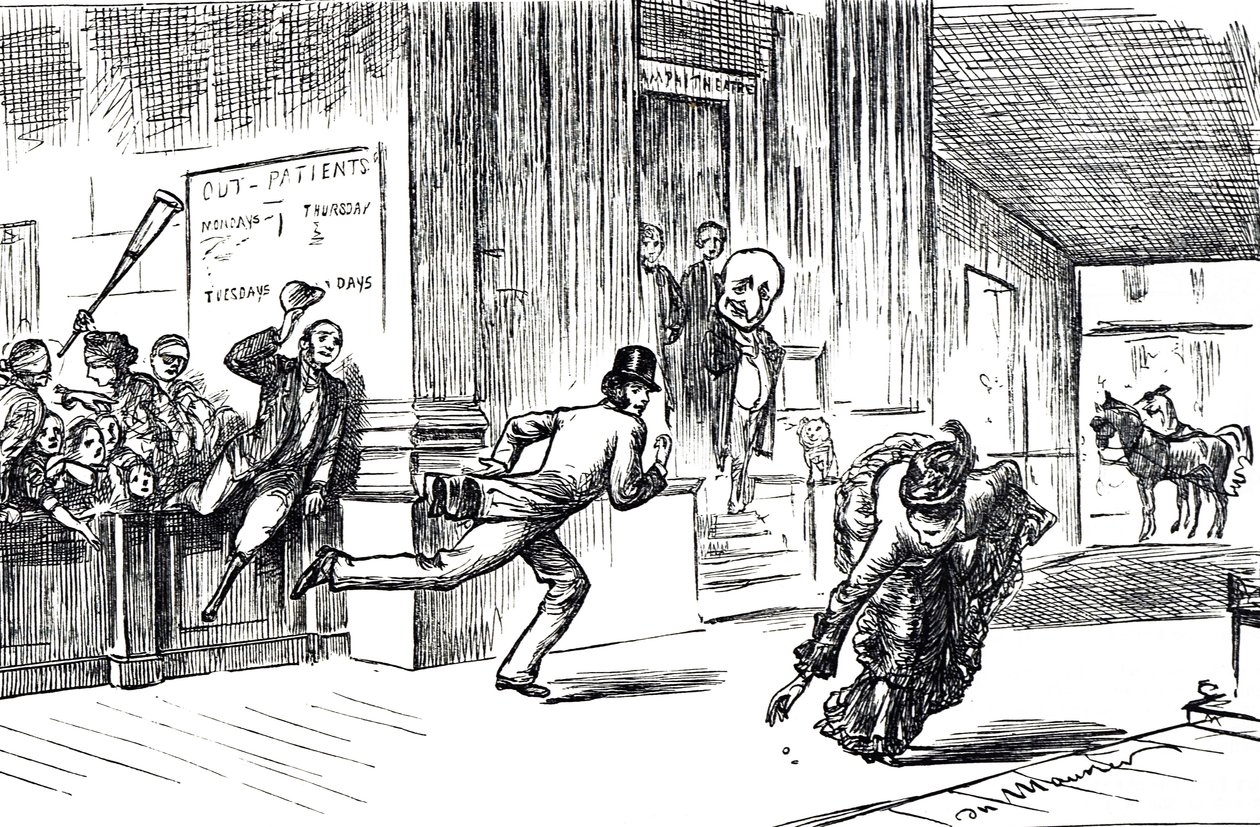 Caricatura que representa al Doctor Meilanion Jones, encontrándose superado en la carrera por pacientes por la doctora Atlanta Robinson de George du Maurier