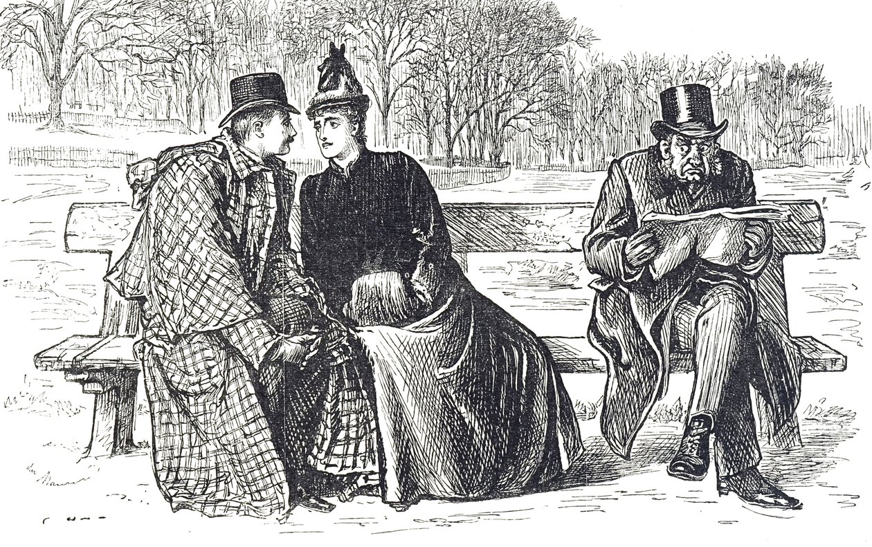Caricatura que representa a una pareja intercambiando palabras cariñosas en un banco del parque, mientras el hombre junto a ellos los mira con desaprobación de George du Maurier