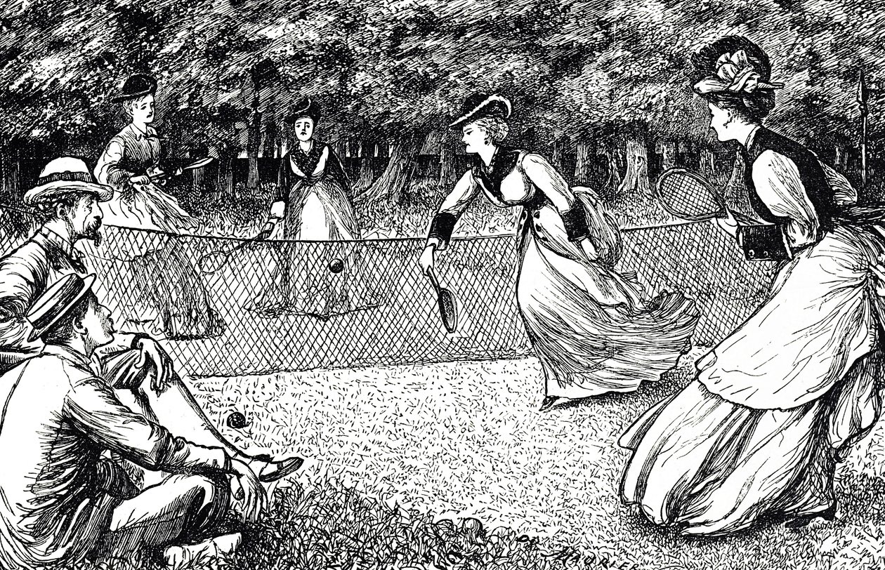 Dibujo que muestra un juego de tenis en césped de George du Maurier