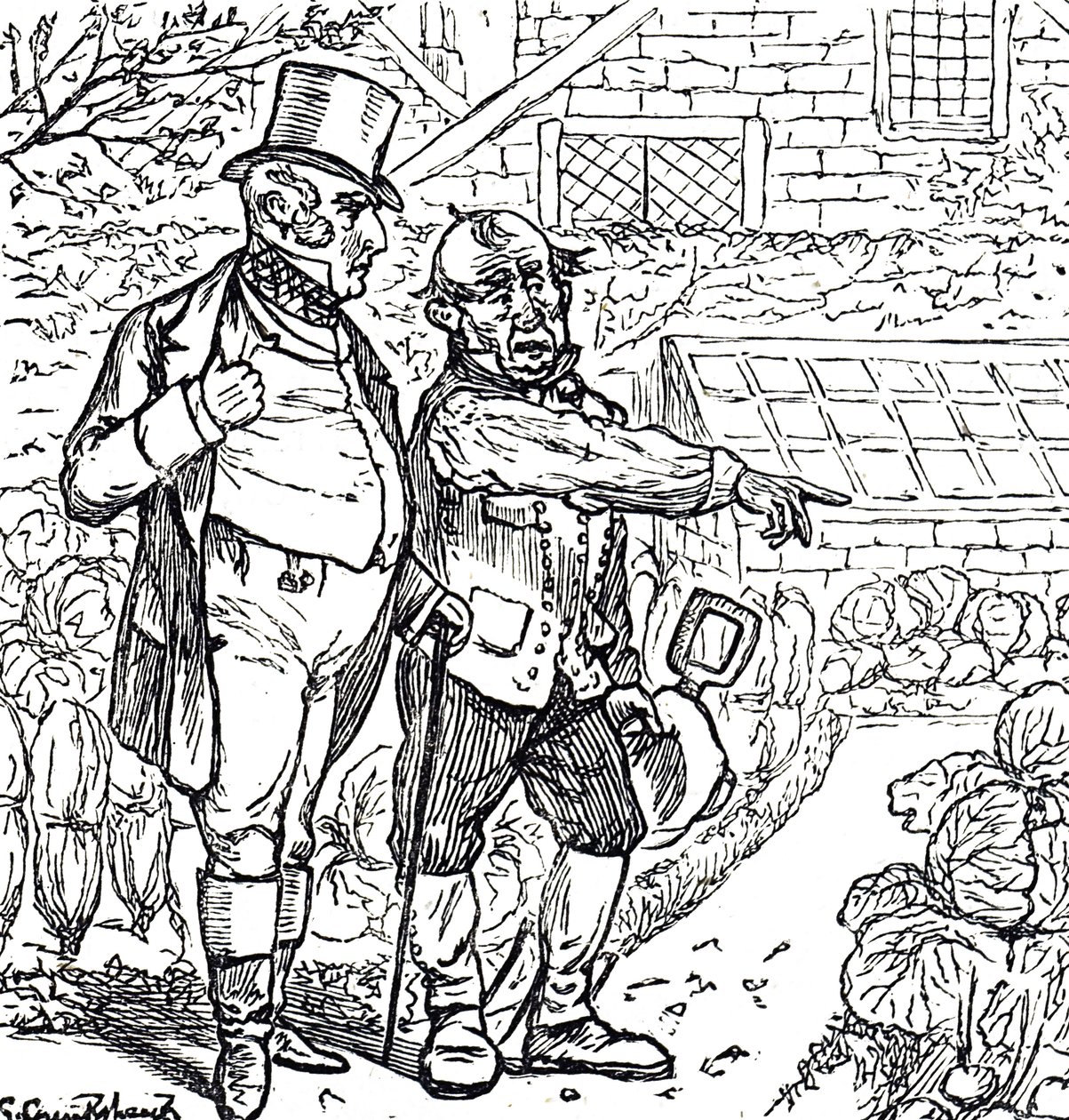 Caricatura que representa a un caballero con el jardinero en la parcela de vegetales de George du Maurier