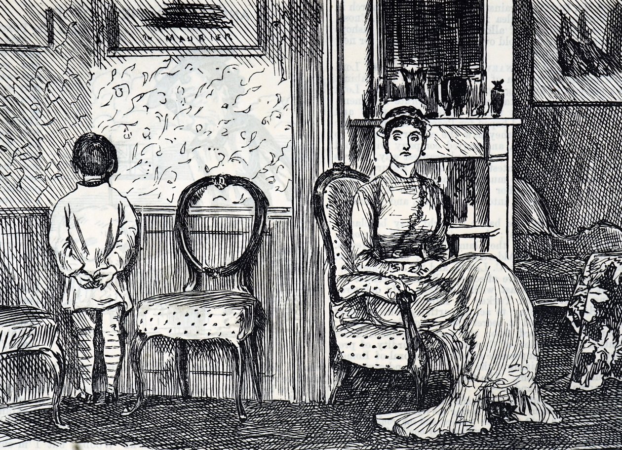 Dibujo que muestra a una madre castigando a su hijo haciéndolo pararse frente a la pared de George du Maurier