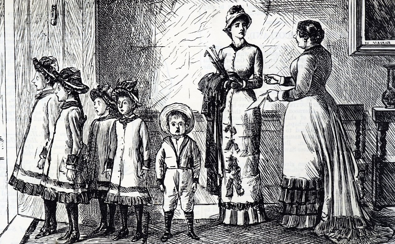 Caricatura que representa a una madre con su prole de George du Maurier