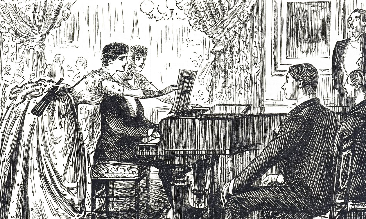Dibujo que muestra una velada musical en casa de George du Maurier