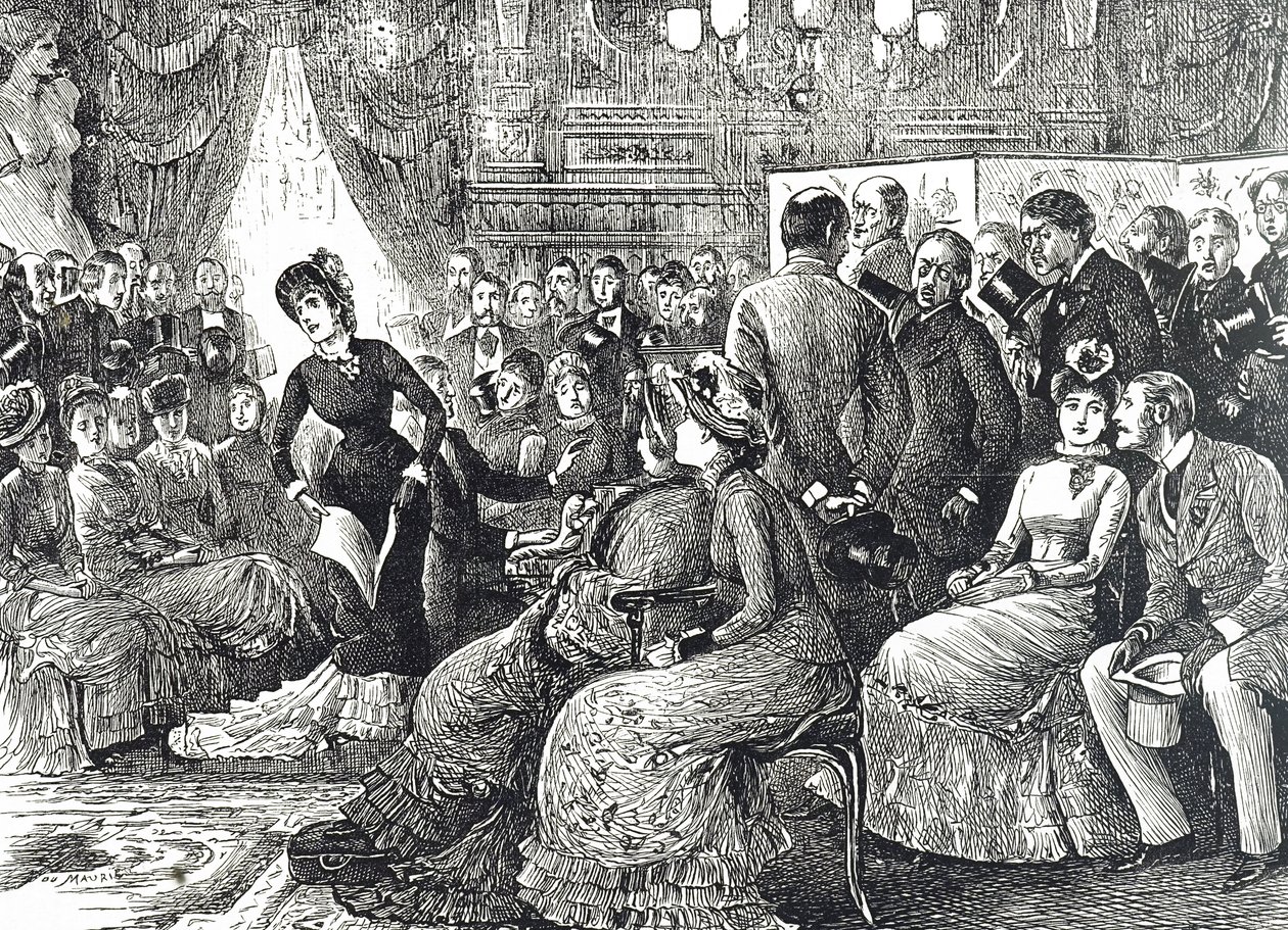 Caricatura que muestra un típico concierto en una sala de estar de George du Maurier