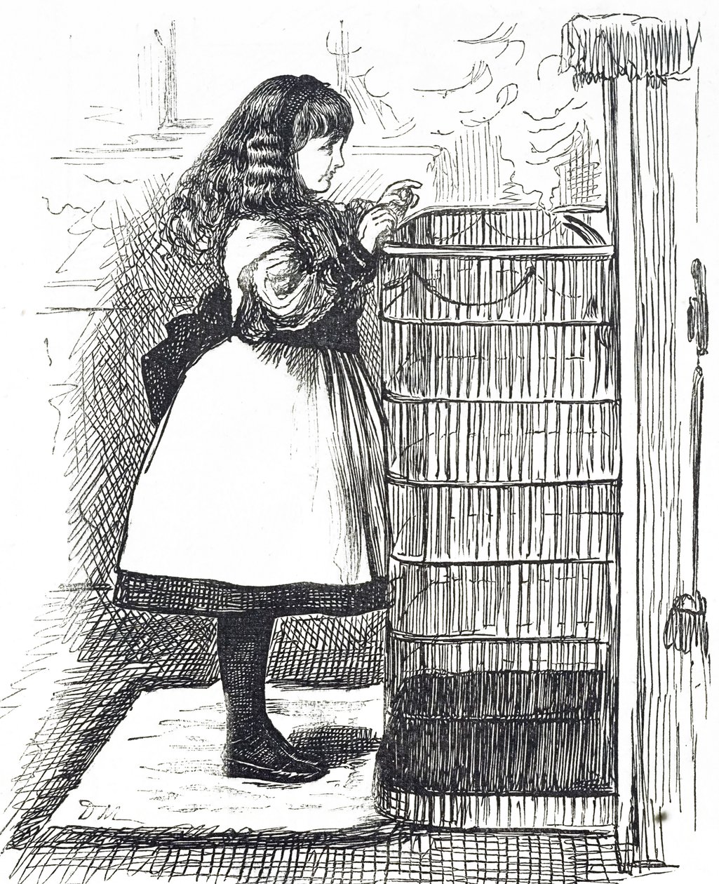Dibujo que muestra a una niña pequeña de pie frente a una gran pantalla de fuego de George du Maurier