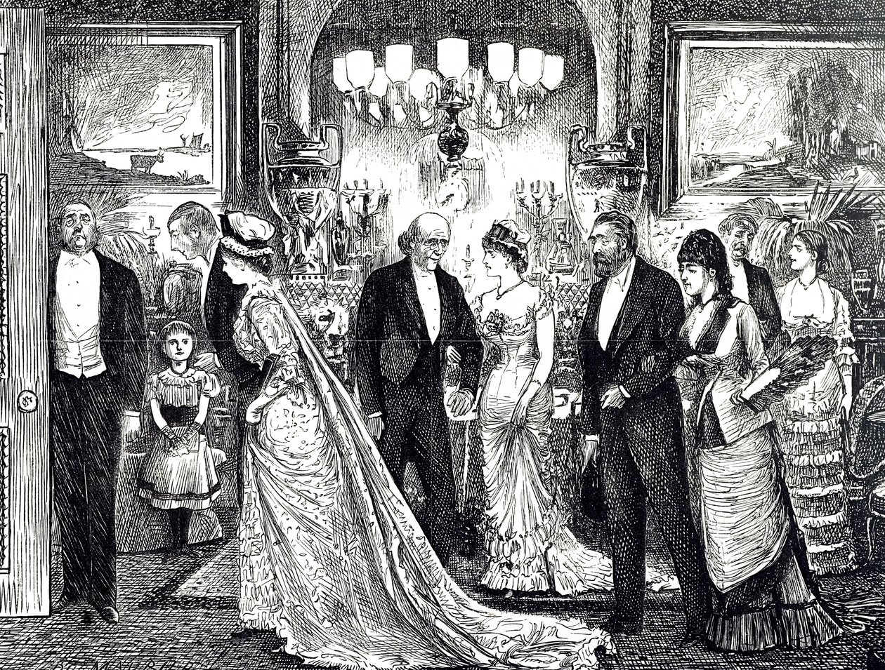Caricatura que muestra una elegante velada en una casa victoriana de George du Maurier