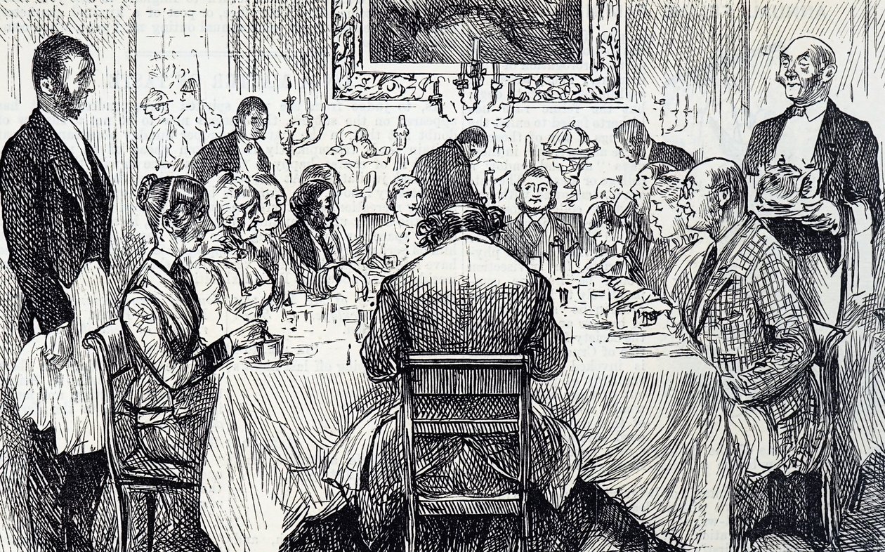 Dibujo que muestra una elegante velada en una casa victoriana de George du Maurier