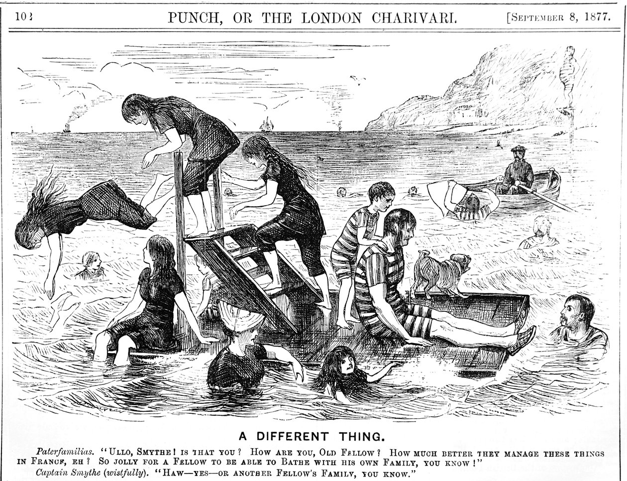 Caricatura de veraneantes disfrutando de unas vacaciones en la playa en Francia de George du Maurier