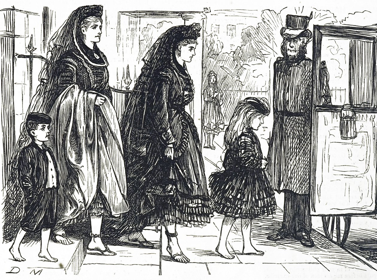 Caricatura que muestra a personas usando calzado natural para evitar pies deformes de George du Maurier