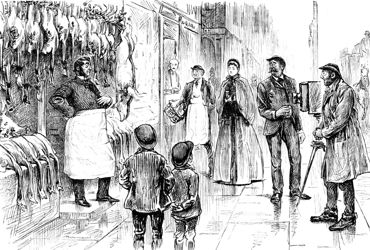 Grabado que representa a un carnicero y pollero siendo fotografiado frente a su exhibición navideña por George du Maurier. George du Maurier (1834-1896) un caricaturista y autor franco-británico. Fechado en el siglo XIX de George du Maurier