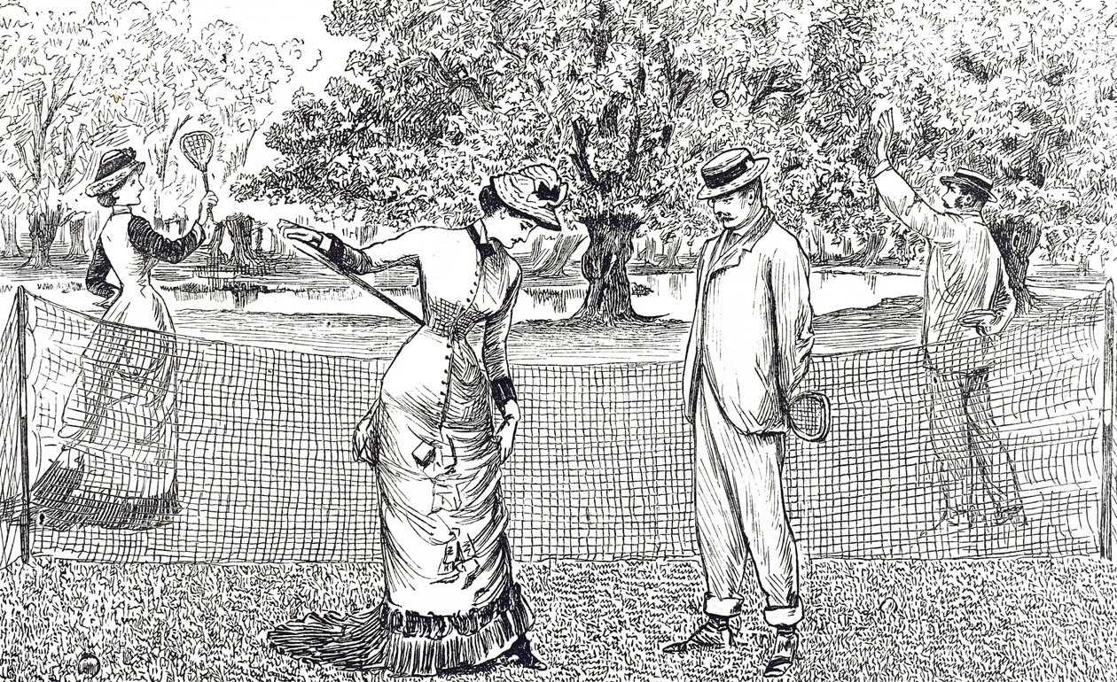 Grabado que muestra a una jugadora de tenis femenina incómoda por sus nuevos zapatos de goma de George du Maurier