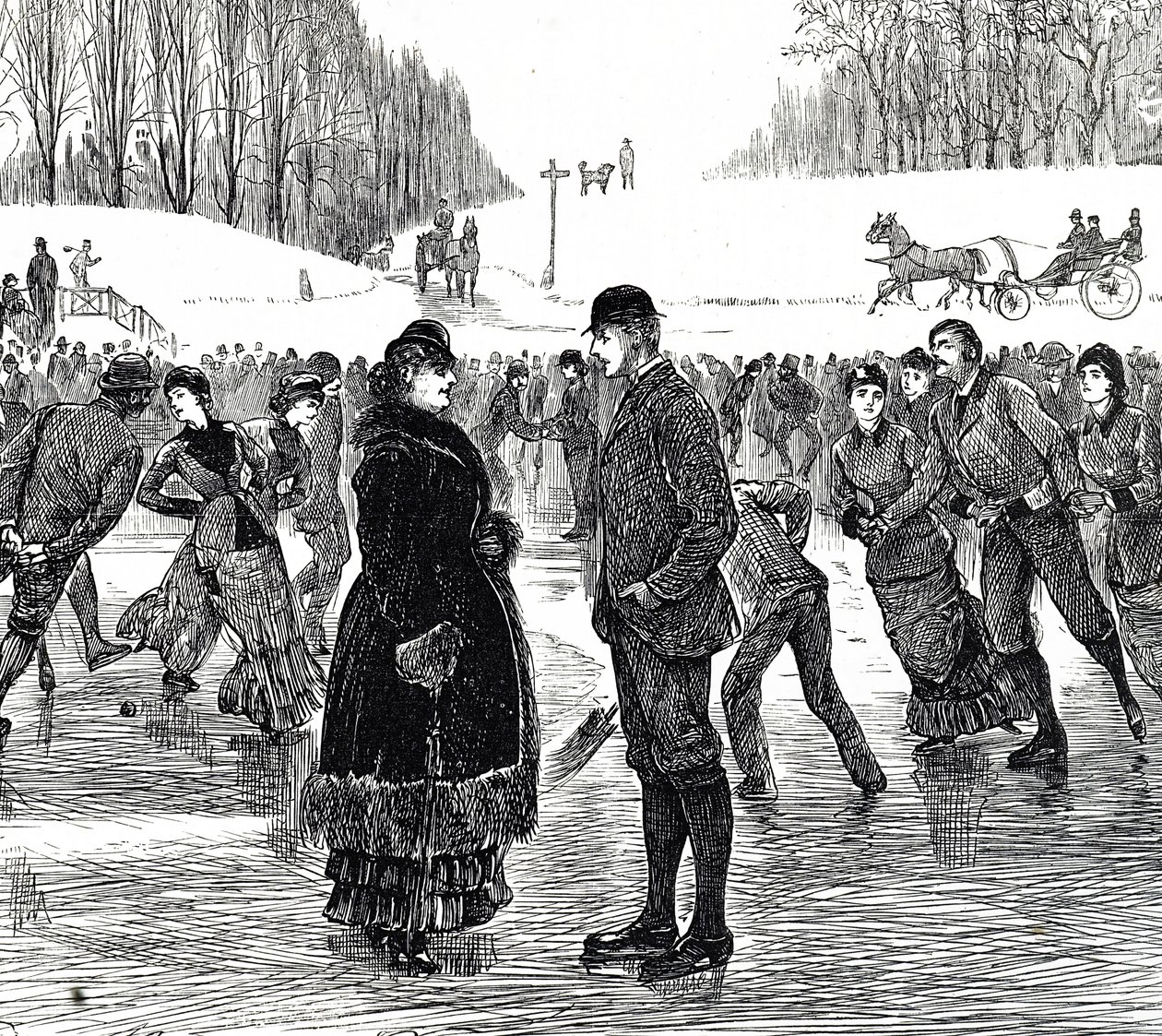 Grabado que muestra a una pareja de mediana edad patinando sobre hielo de George du Maurier