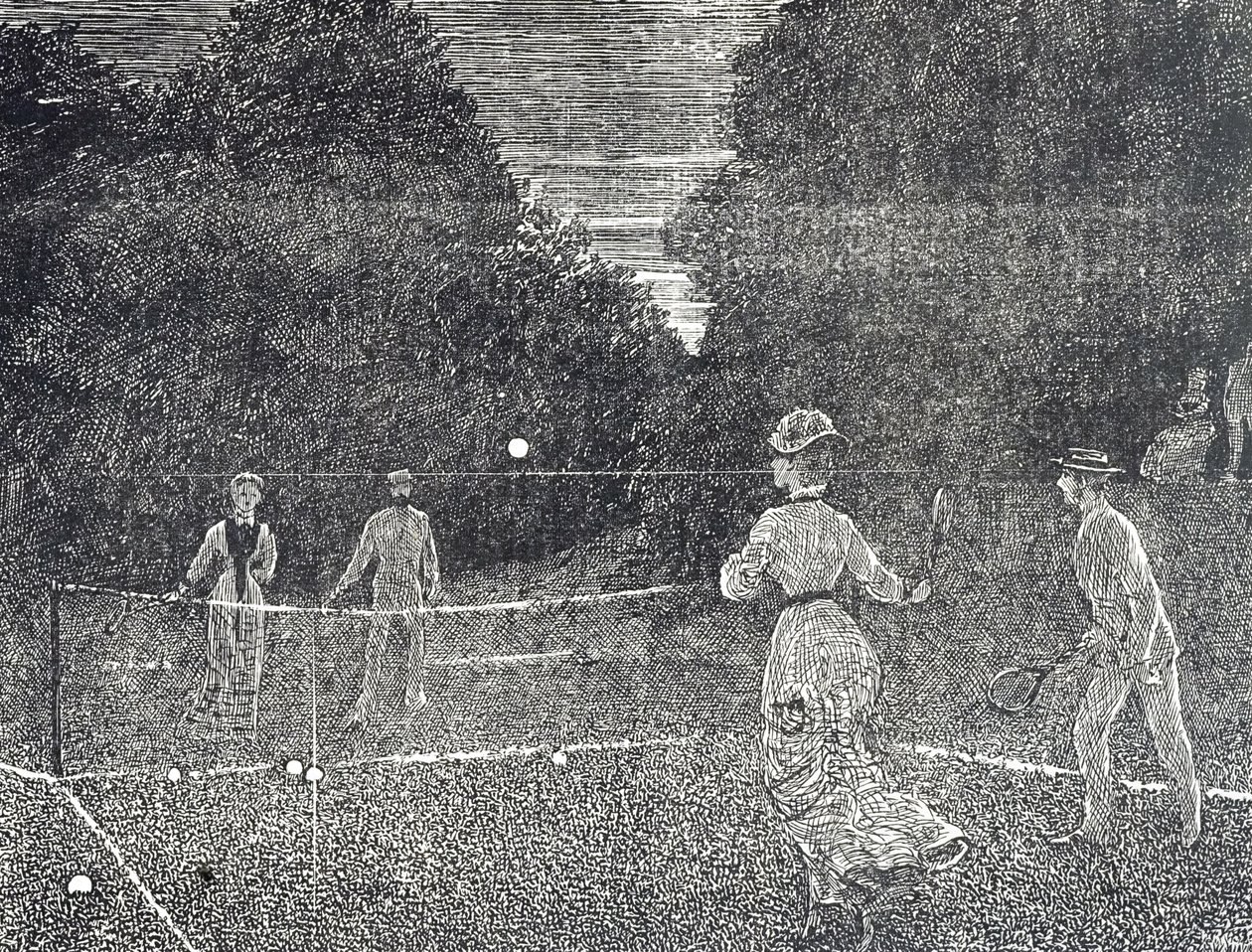 Grabado que muestra el uso de pintura de fósforo blanco recomendada para jugadores de tenis de George du Maurier