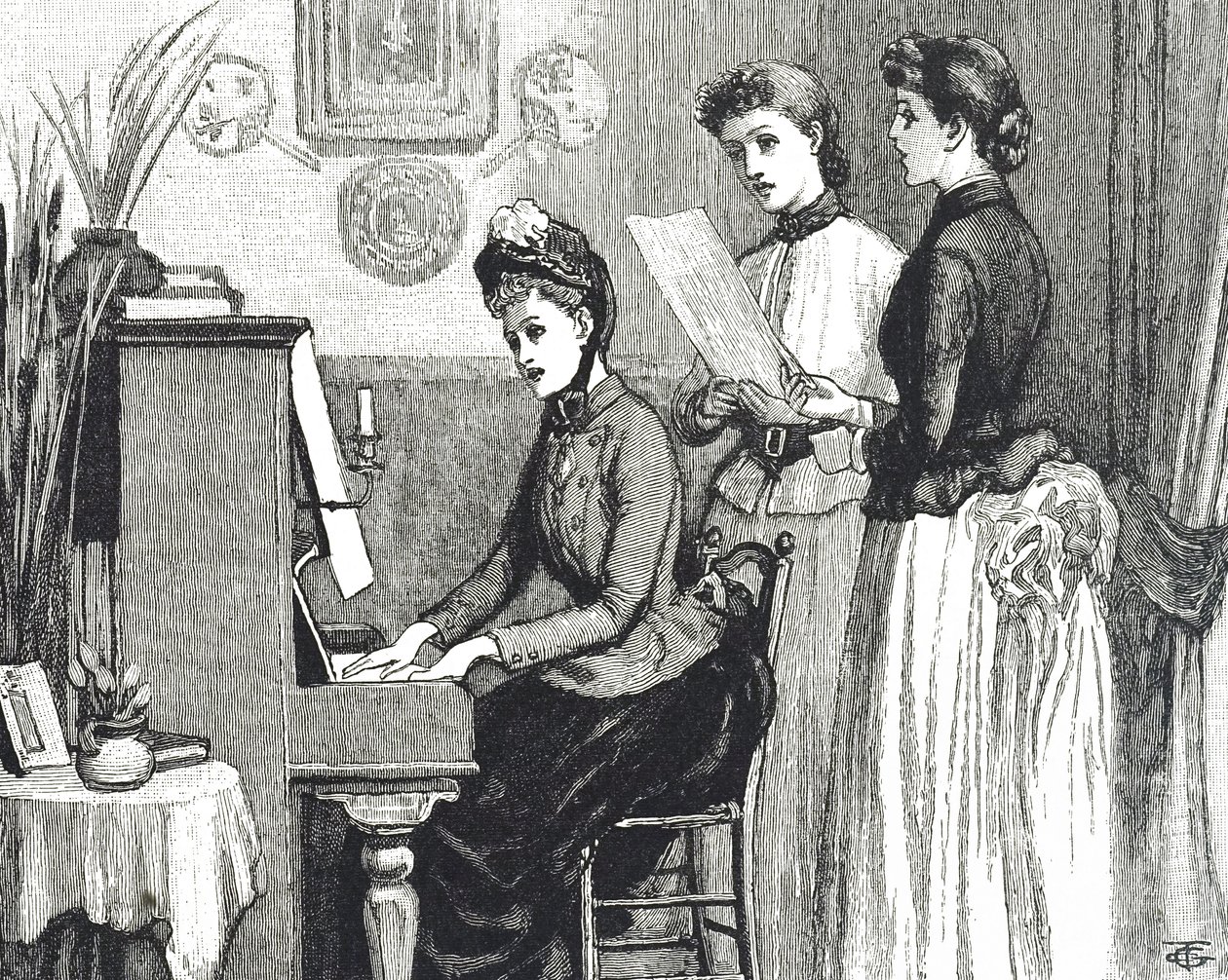Grabado de jóvenes damas cantando en la sala de estar de George du Maurier