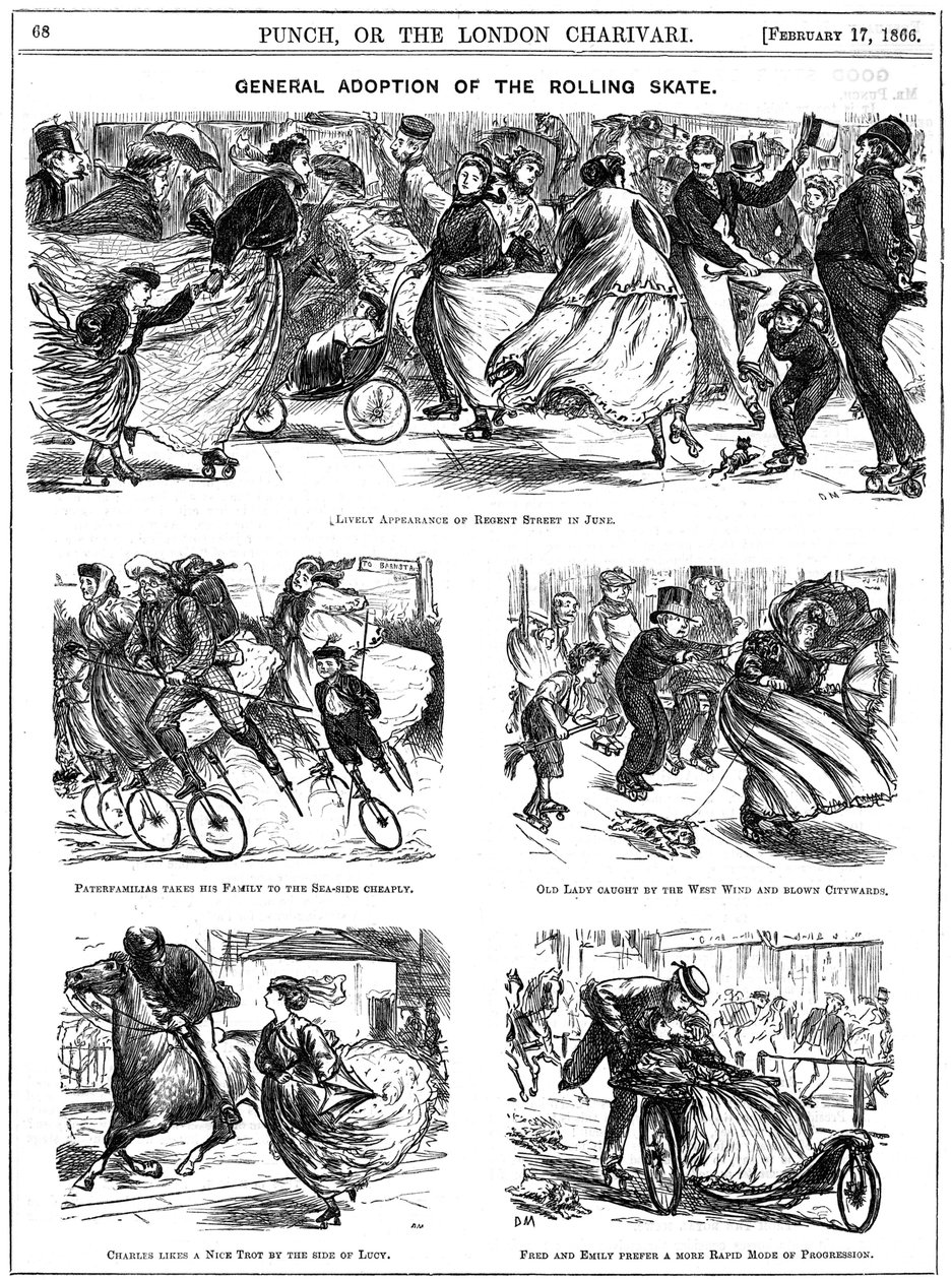 Adopción general del patín de ruedas. Caricaturas de George du Maurier de Punch de George du Maurier