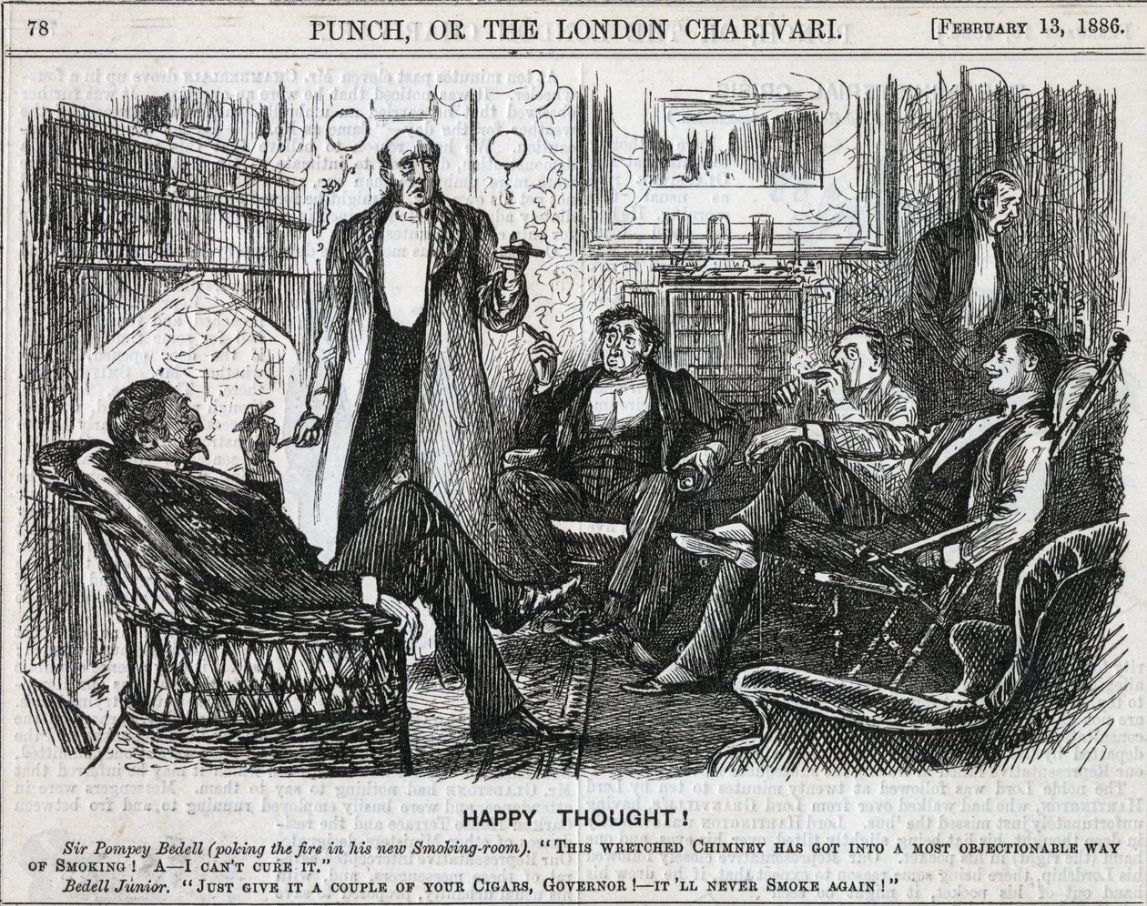 Caballeros reunidos en la sala de fumadores fumando sus cigarros después de la cena. Caricatura de George du Maurier para Punch, Londres 1886 de George du Maurier