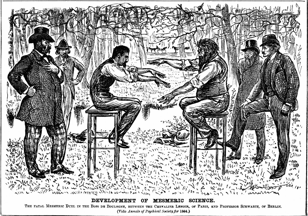 Caricatura de George du Maurier sobre el resurgimiento del mesmerismo. De Punch, Londres, 4 de diciembre de 1883 de George du Maurier